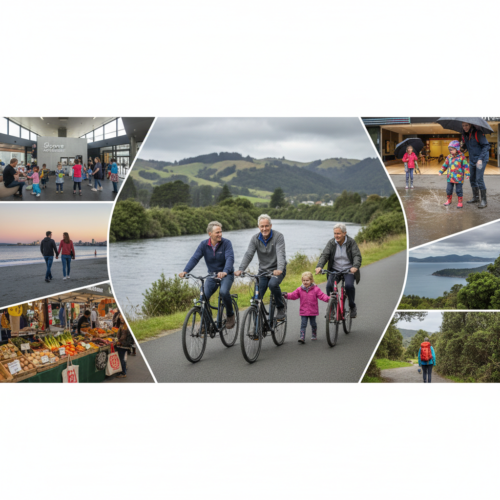 A photorealistic depiction of Lower Hutt's diverse attractions, from riverside trails to bustling markets, showcasing urban and natural landscapes.