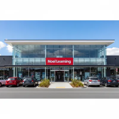 The storefront of the Noel Leeming electronics store on Knights Road in Hutt Central, Lower Hutt, showing its large glass windows and red brand signage.