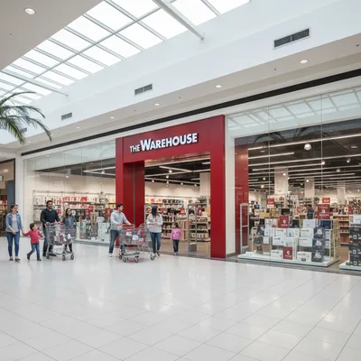 The wide entrance to The Warehouse department store located inside the Queensgate Shopping Centre in Lower Hutt, New Zealand.