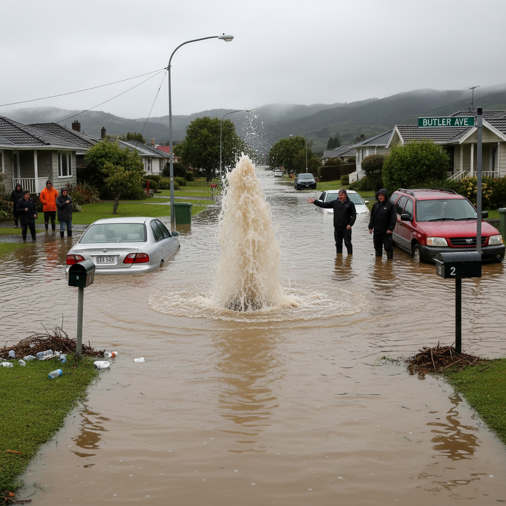 Stokes Valley street underwater with cars submerged due to heavy rain and burst manhole.
