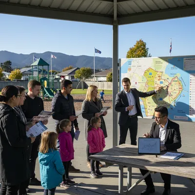 A parent and child study a map of school zones in Lower Hutt with natural lighting.