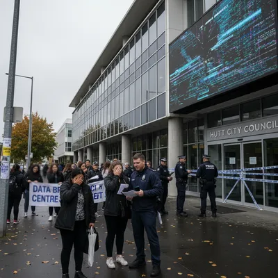 Regional news photograph of Hutt City Council building with natural lighting, reflecting a cyber attack scenario.