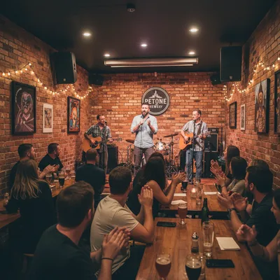 Patrons enjoy a comedy and music night at a Petone taproom, featuring a lively performance on stage.
