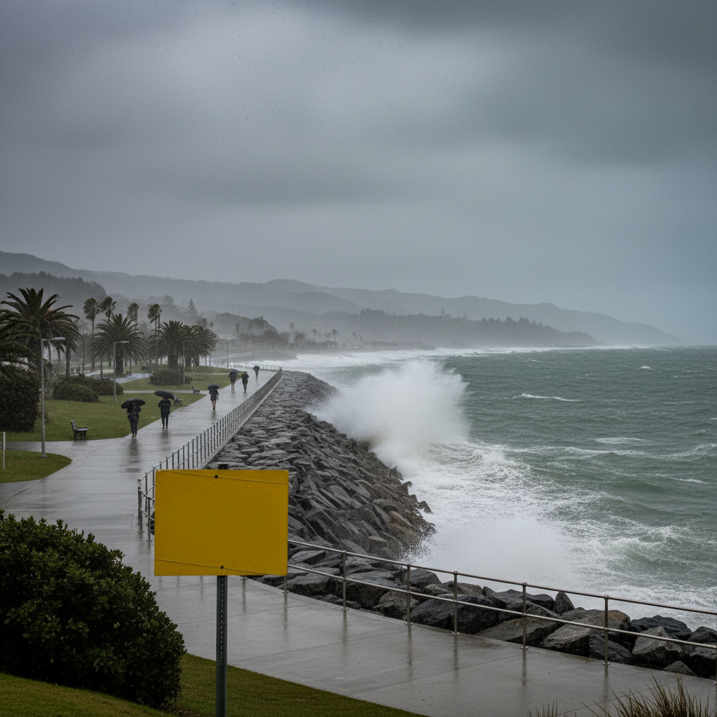 A photorealistic image of Tupua Horo Nuku shared path and seawall on a cloudy day.