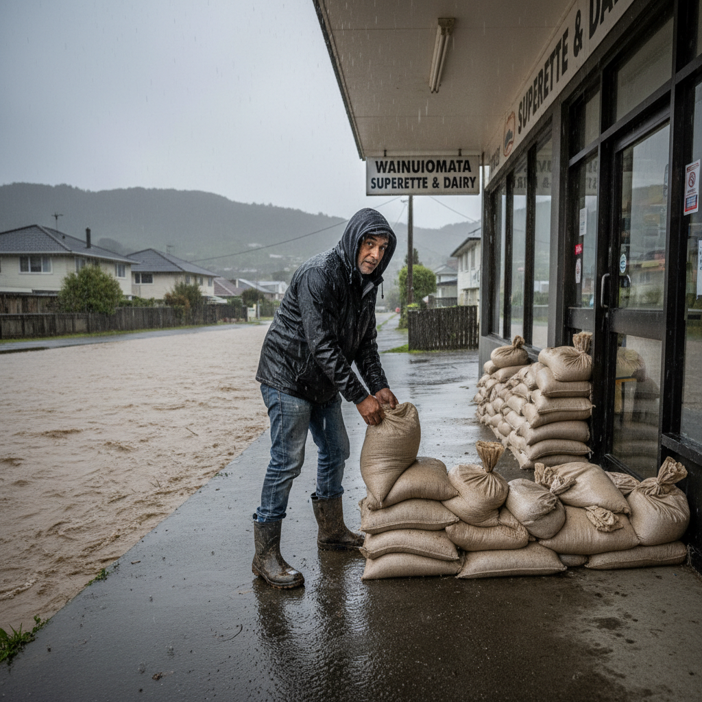 Man places sandbags outside a shop entrance as a swollen creek looms in the background.