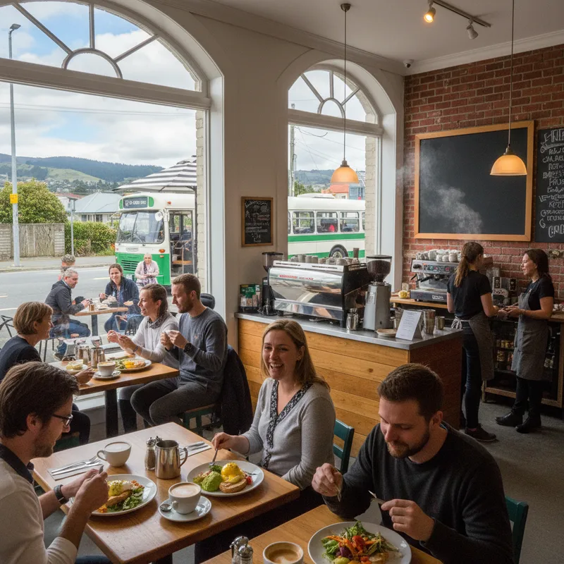 A photorealistic scene of several Lower Hutt cafes with inviting exteriors, showcasing local coffee culture and brunch spots.