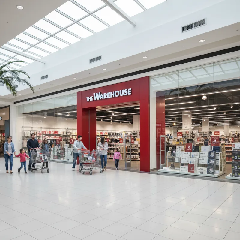 The wide entrance to The Warehouse department store located inside the Queensgate Shopping Centre in Lower Hutt, New Zealand.