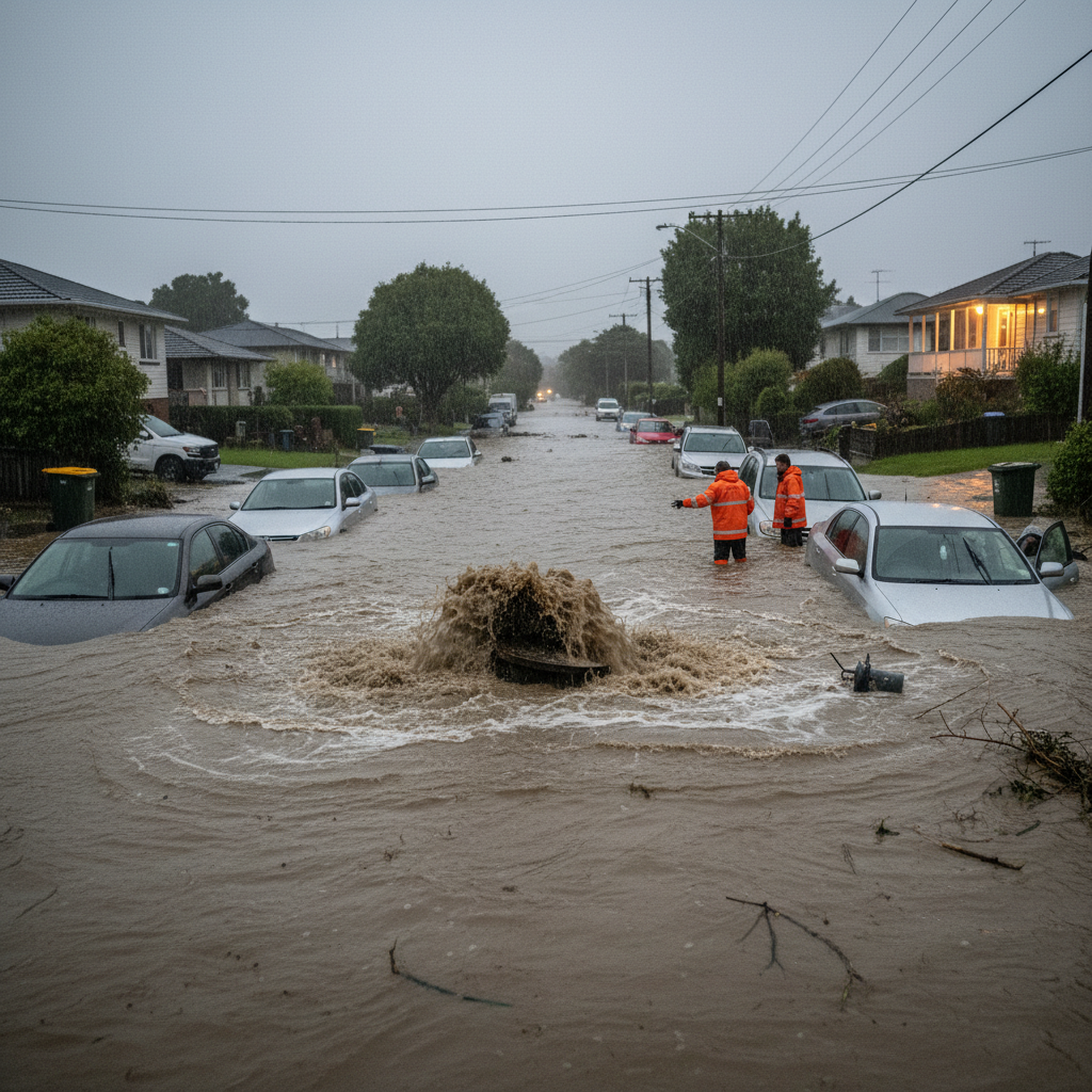 Stokes Valley streets underwater with cars submerged due to heavy rain and a burst manhole.