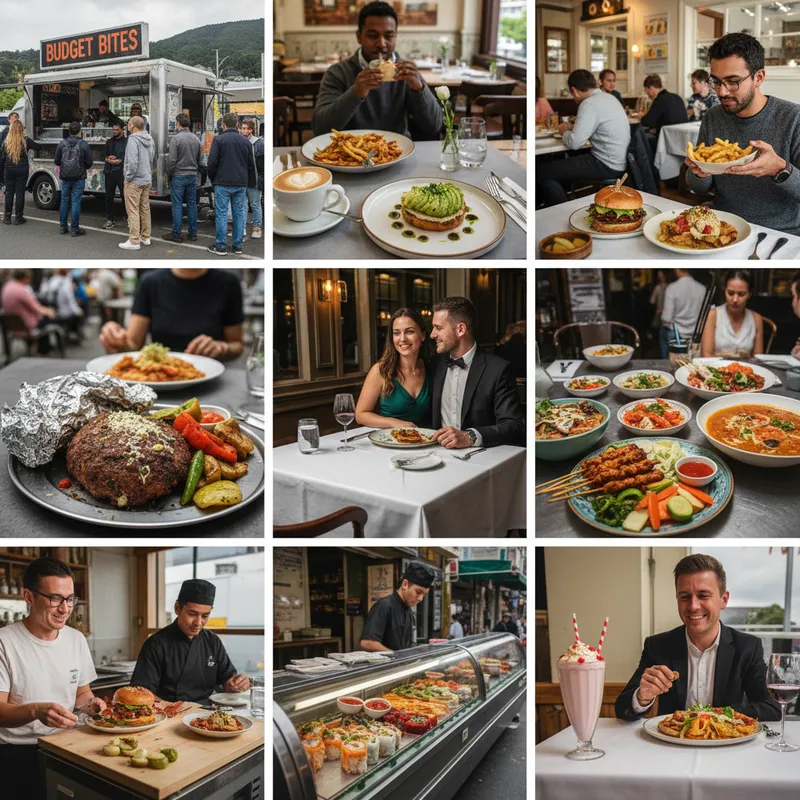 Photorealistic Lower Hutt restaurant setting with diverse food options, natural lighting, and realistic ambiance.