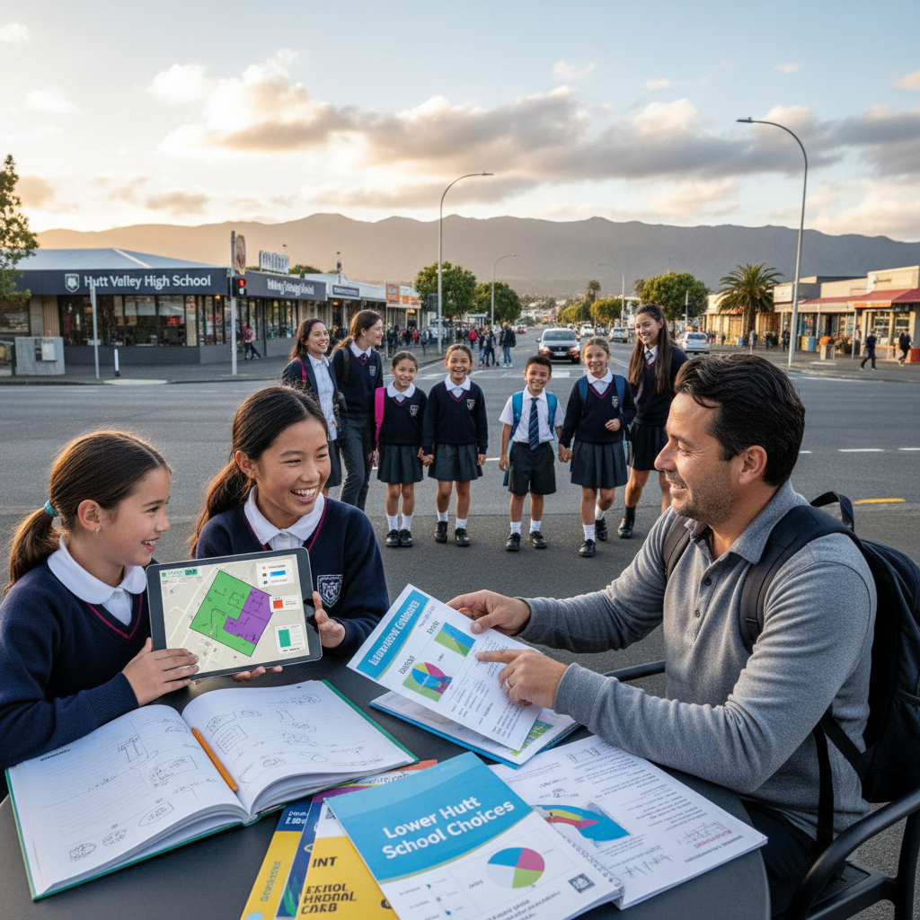 A parent looking at a school building in Lower Hutt with a child nearby, discussing education options.