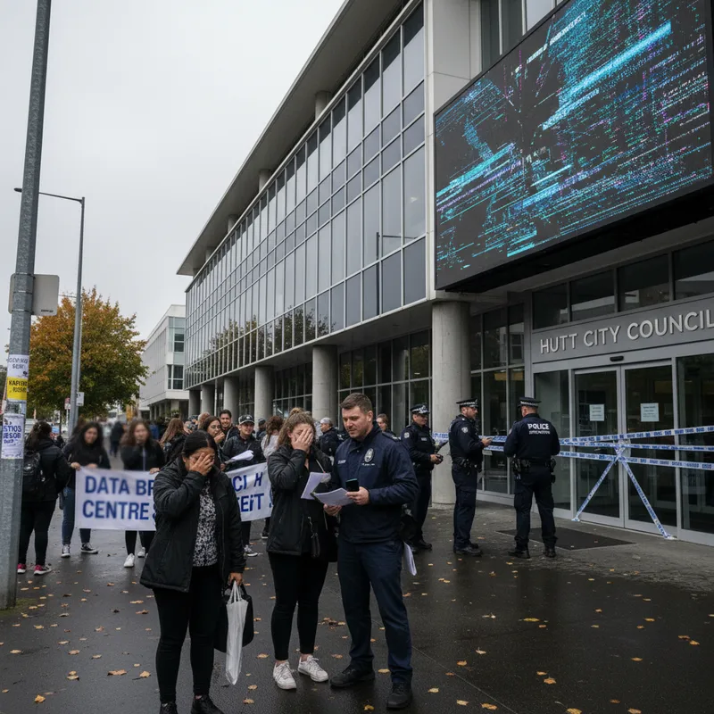 Regional news photograph of Hutt City Council building with natural lighting, reflecting a cyber attack scenario.