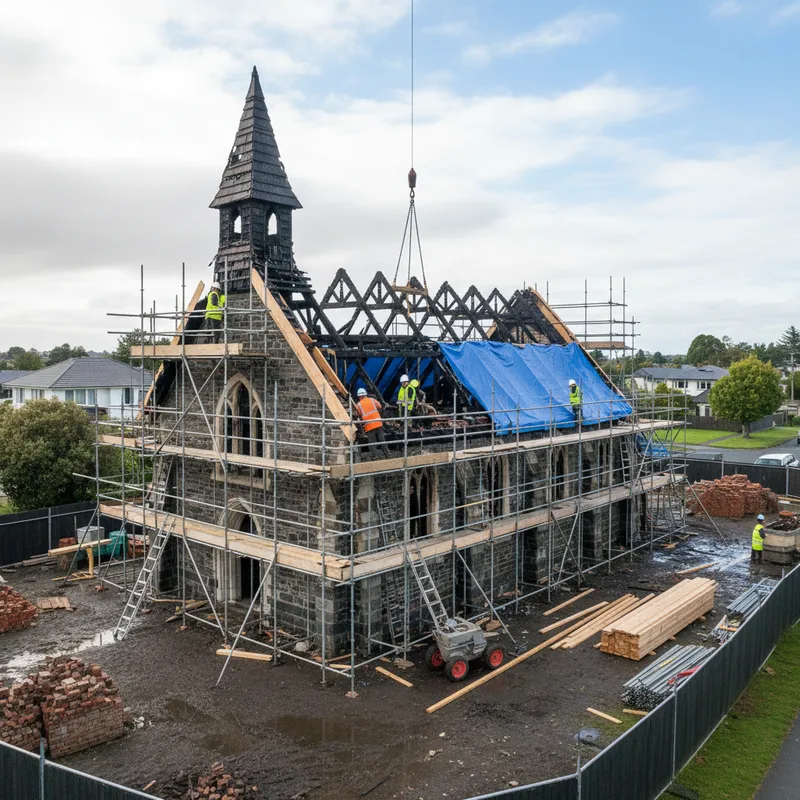 Sunlight illuminates the recovering Anglican Church of the Epiphany after a devastating arson attack.
