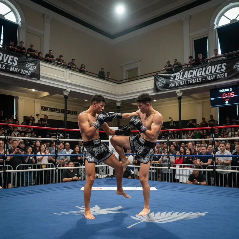 Dynamic action shot of Muay Thai competitors in a realistic stadium setting during the Blackgloves National Trials.