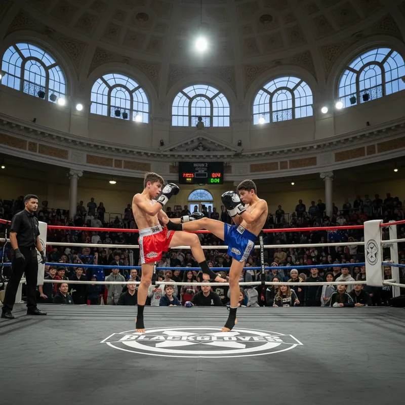 Fighters compete in a Muay Thai match at the Lower Hutt Town Hall, showcasing athletic prowess.