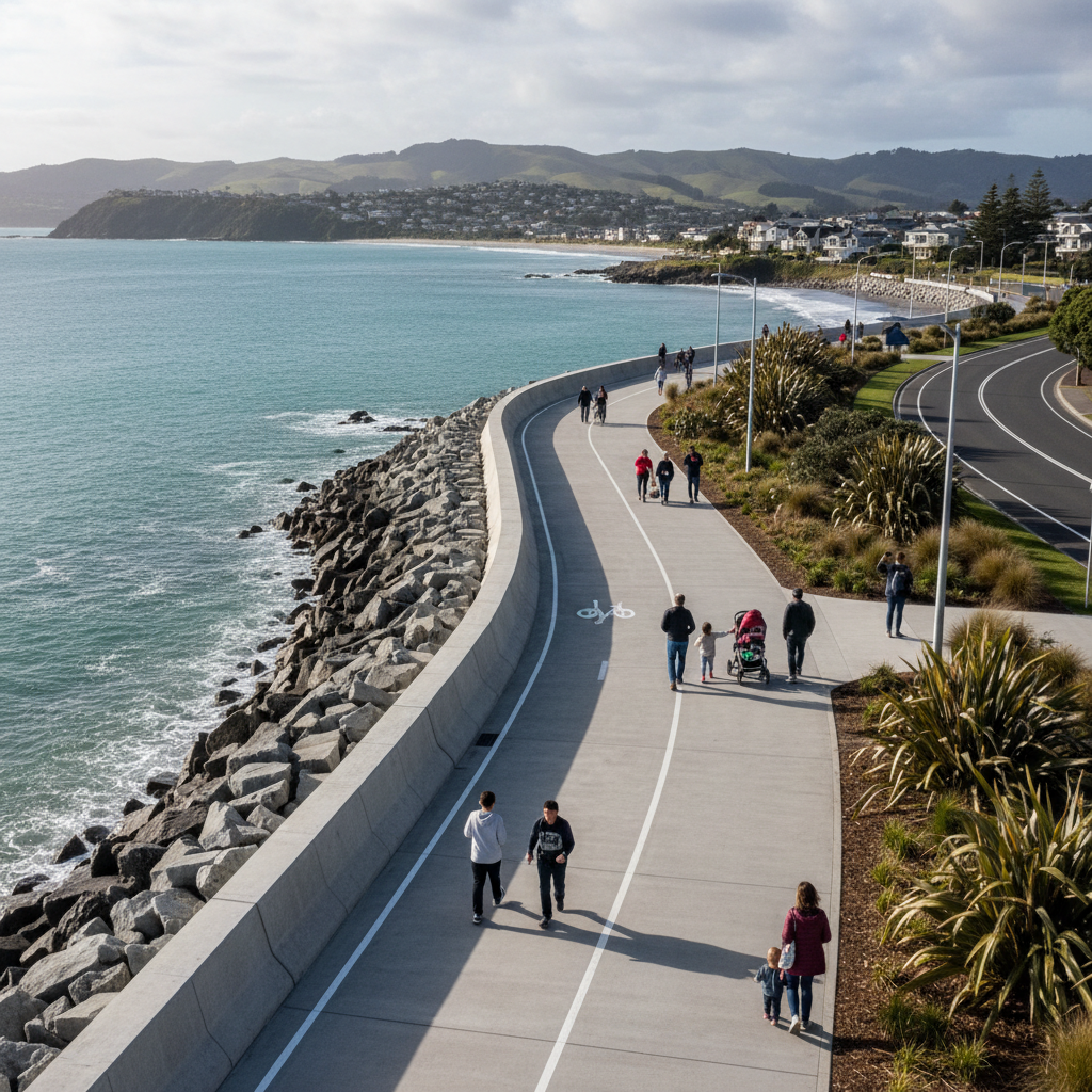 A sunny day at the new Eastern Bays Shared Path with a paved walkway and a seawall.