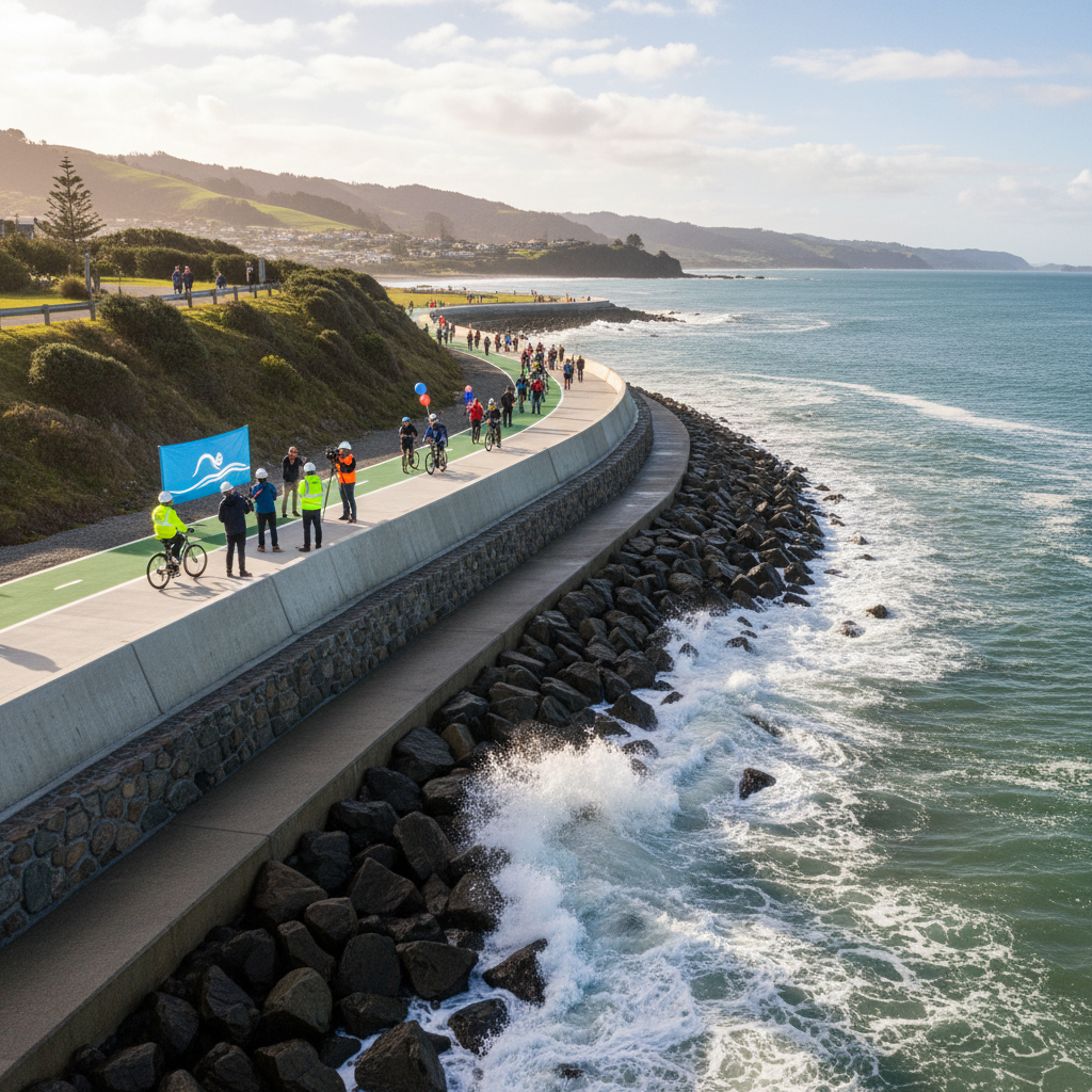A photorealistic regional news photograph of the new 4.4km Eastern Bays Shared Path along Marine Drive.