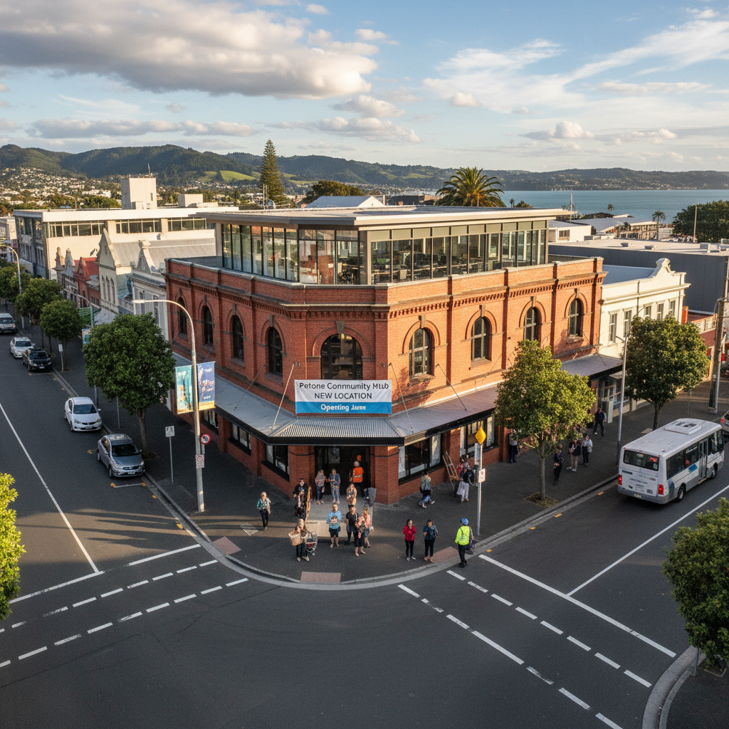 A photorealistic news photograph of the Petone Neighbourhood Hub's new Jackson Street site, showing a modern facade.