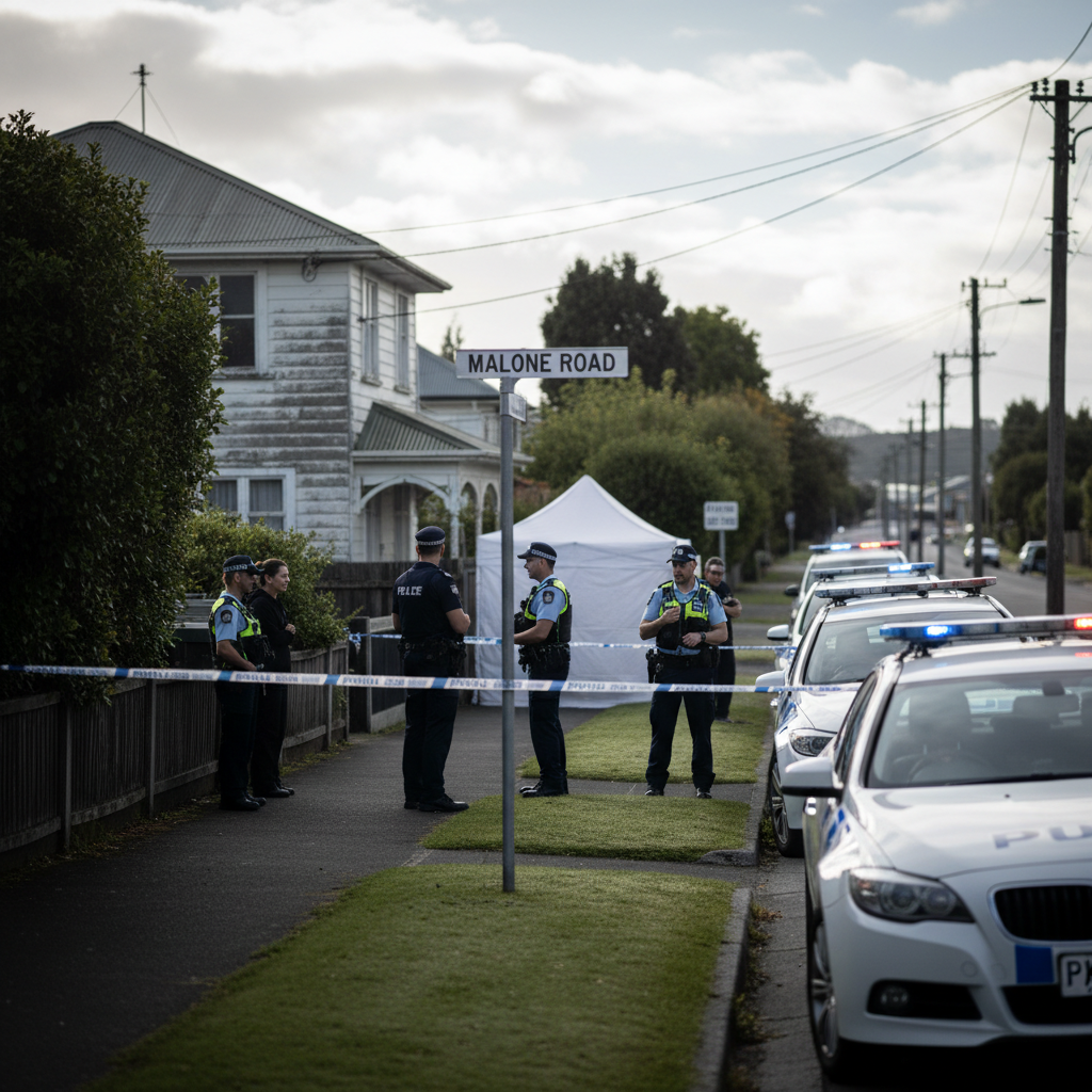 Police investigate a cordoned-off street where a man was found dead in the Wellington suburb of Waterloo.