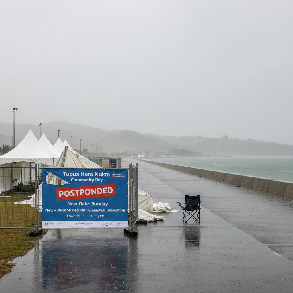 Community members gather outdoors with a scenic view of a newly constructed shared path and seawall.