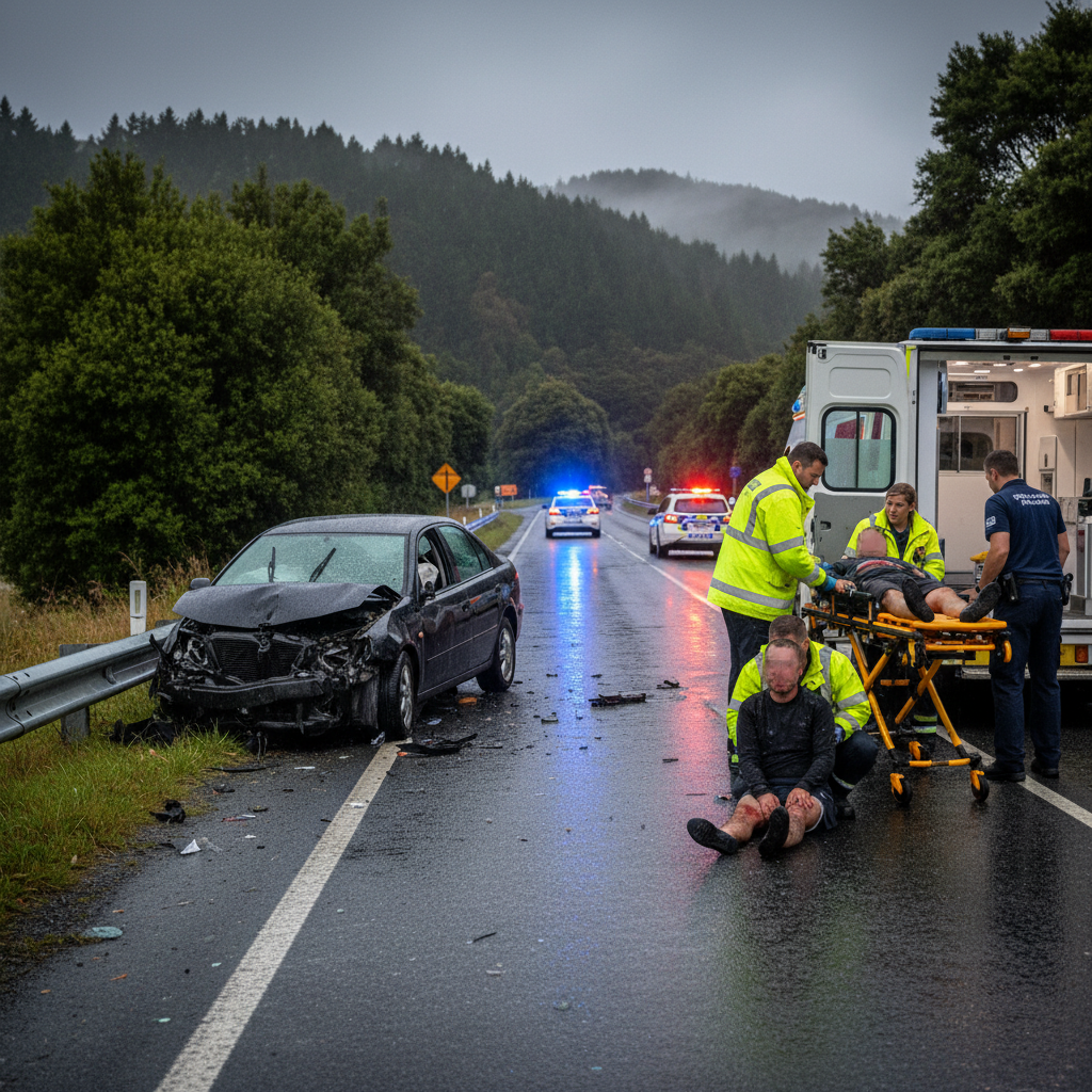 A single vehicle lies crashed on its side on Eastern Hutt Road, with emergency services present.