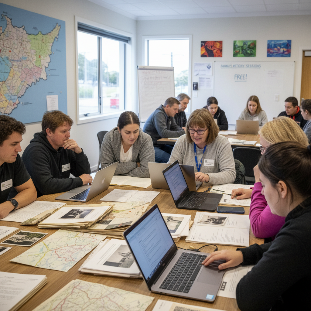 People researching family history at Wainuiomata Neighbourhood Hub with a specialist.
