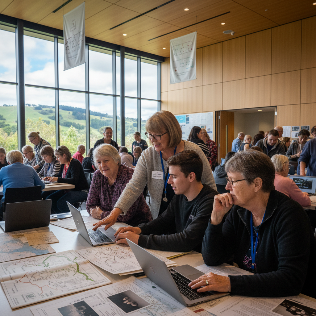 People at a community hub learning about family history research with a specialist.