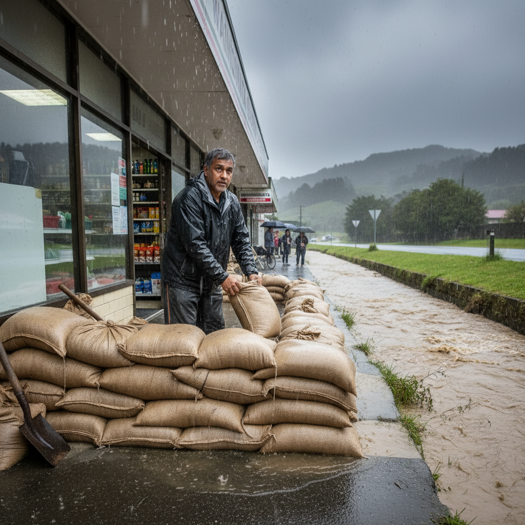 Wainuiomata shop owner places sandbags outside his superette as a creek threatens to flood.