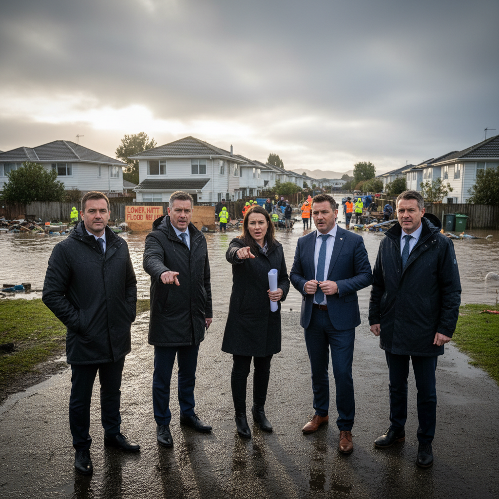 Politicians in a meeting room looking concerned as floodwaters outside recede in Lower Hutt.