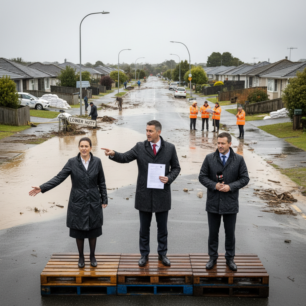 Floodwaters recede in Lower Hutt as politicians debate emergency funding for affected residents.
